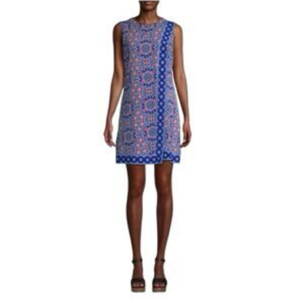 Biba exclusive sleeveless shift dress featuring a vibrant multicolored medallion